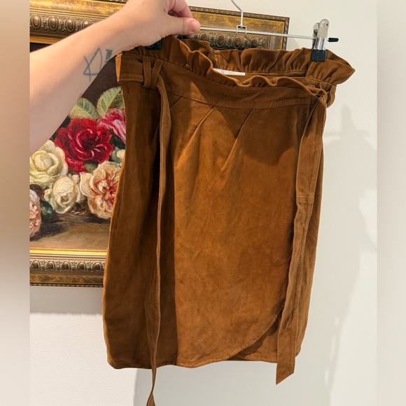 Ba&sh Sun Paper bag Waist Brown Real Leather Suede Wrap, Tie Ruffle Skirt - Picture 4 of 7